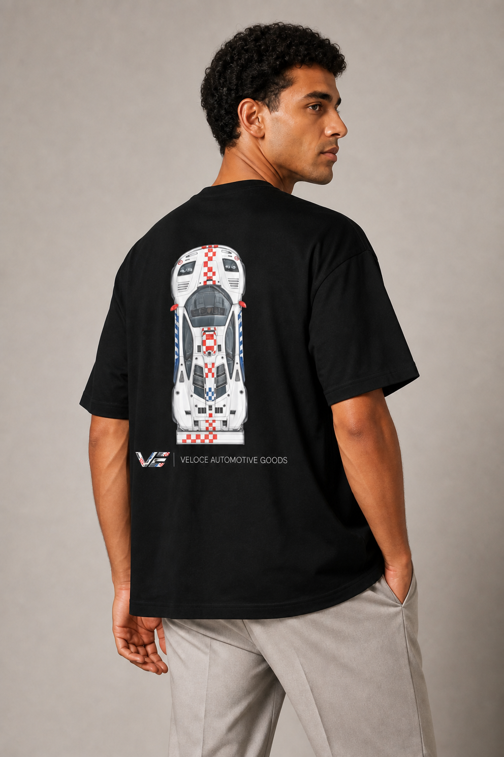Veloce black F1 GTR graphic tee worn from the back